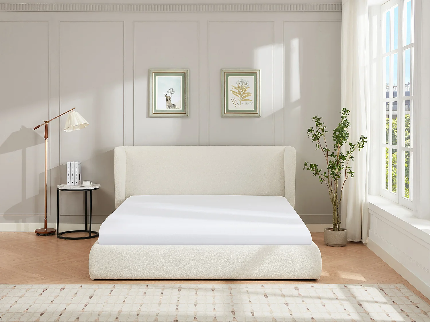 Bett mit Bettkasten + Matratze - 140 x 190 cm - Bouclé-Stoff - Cremefarben - CORTAGA