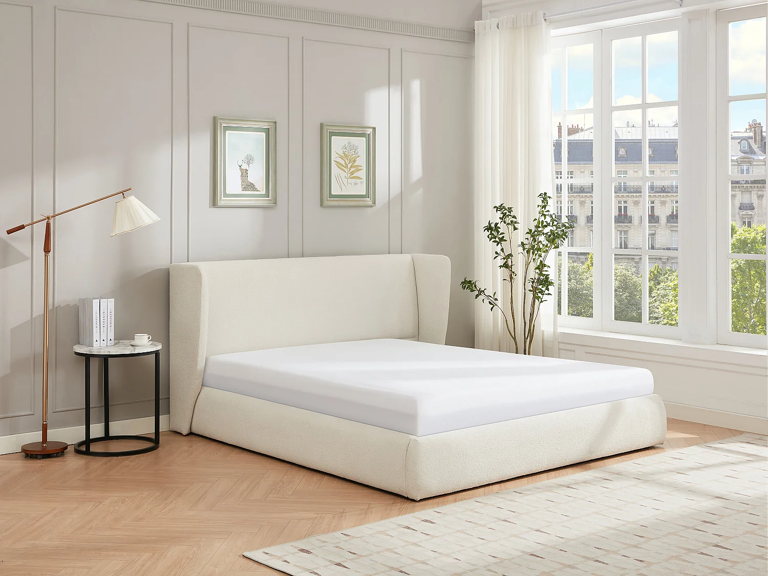 Bett mit Bettkasten + Matratze - 140 x 190 cm - Bouclé-Stoff - Cremefarben - CORTAGA