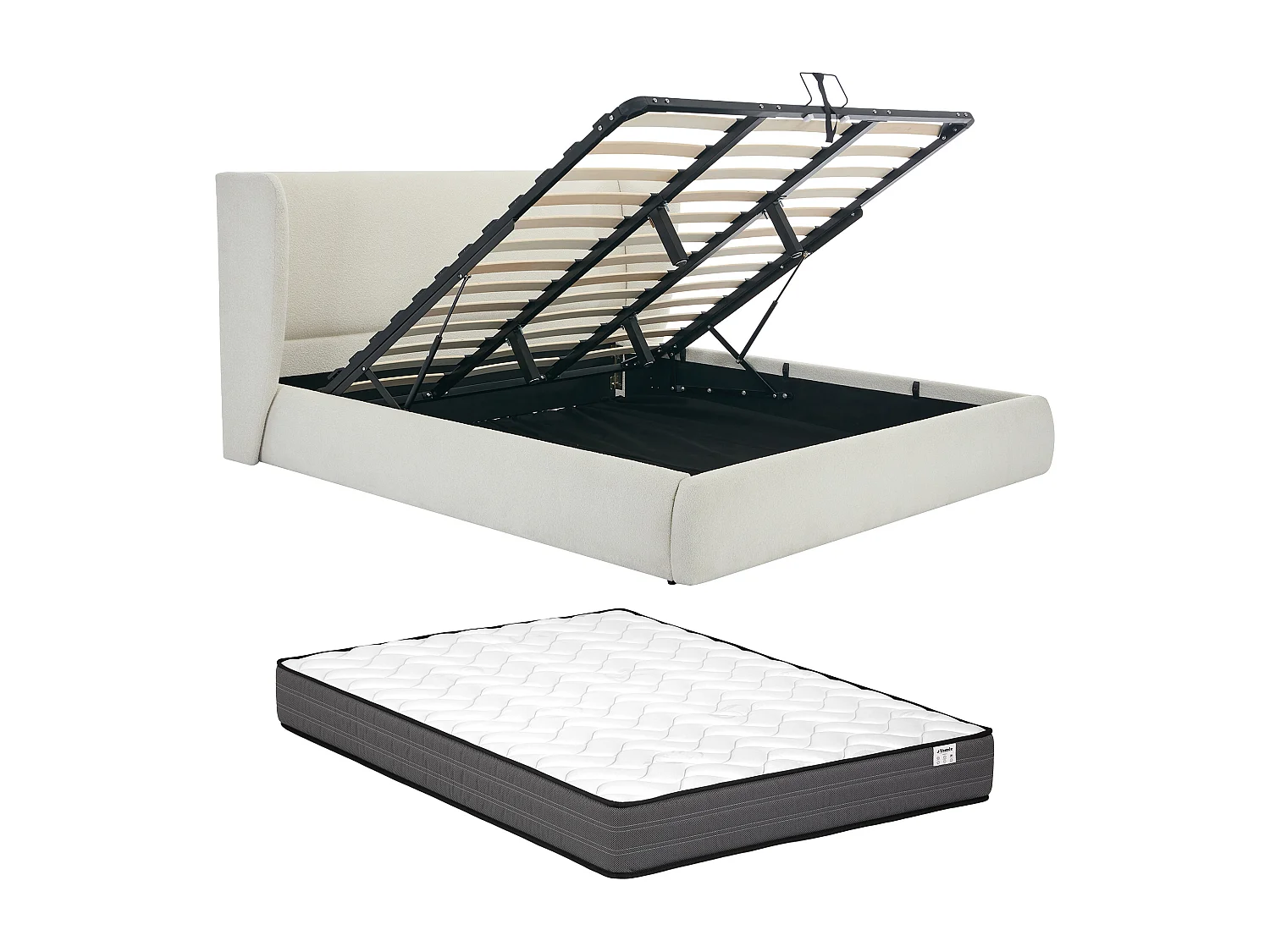 Lit coffre 140 x 190 cm - Tissu bouclette - Crème + Matelas - CORTAGA