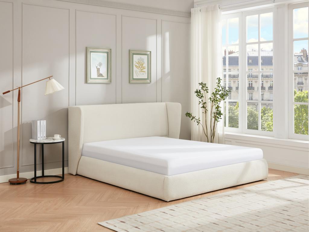 Lit coffre 180 x 200 cm - Tissu bouclette - Crème + Matelas - CORTAGA