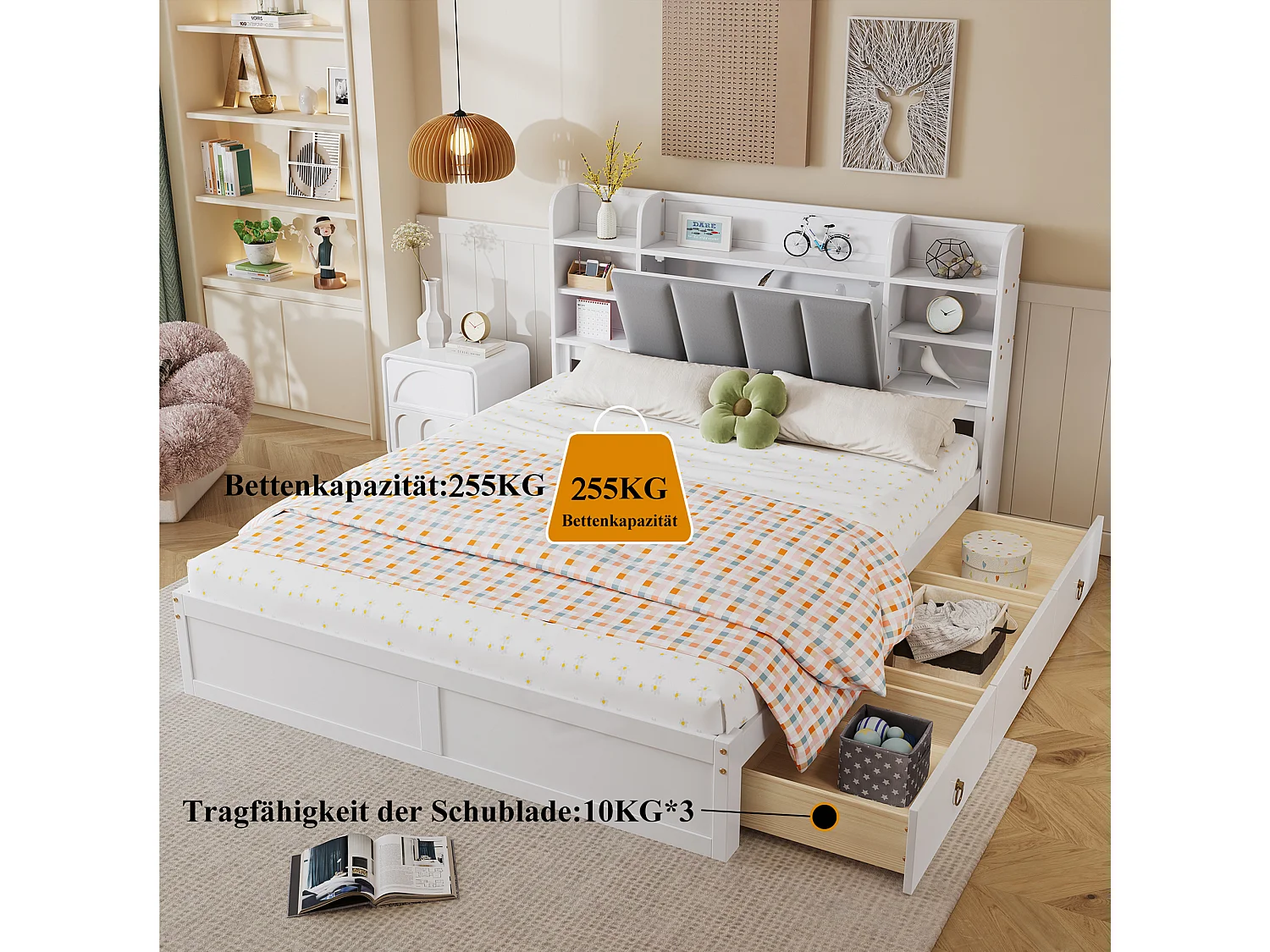 Tweepersoonsbed 160 x 200 cm met 3 laden, neerklapbare deur en planken - Grenen + MDF + fluweel - Wit + grijs (Zonder matras)