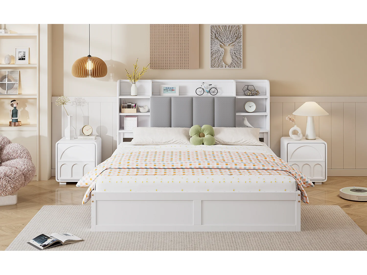 Tweepersoonsbed 160 x 200 cm met 3 laden, neerklapbare deur en planken - Grenen + MDF + fluweel - Wit + grijs (Zonder matras)