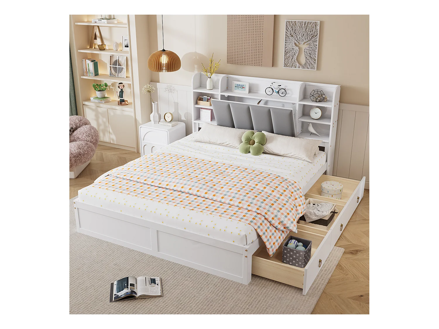 Lit double 160 x 200 cm avec 3 tiroirs, porte abattante et étagères - Pin + MDF + velours - Blanc + gris (Sans matelas)