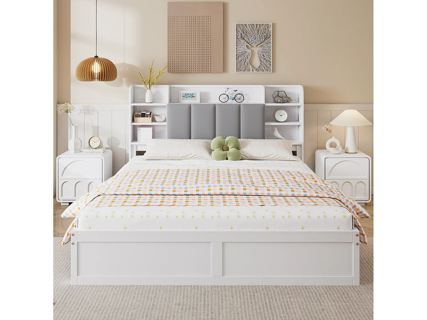 Doppelbett 160 x 200 cm mit 3 Schubladen, Klapptür und Regalen – Kiefer + MDF + Samt – Weiß + Grau (Ohne Matratze)