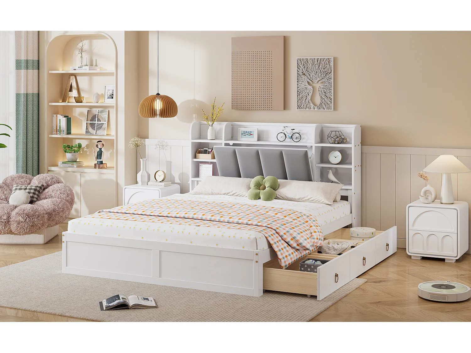 Doppelbett 160 x 200 cm mit 3 Schubladen, Klapptür und Regalen – Kiefer + MDF + Samt – Weiß + Grau (Ohne Matratze)