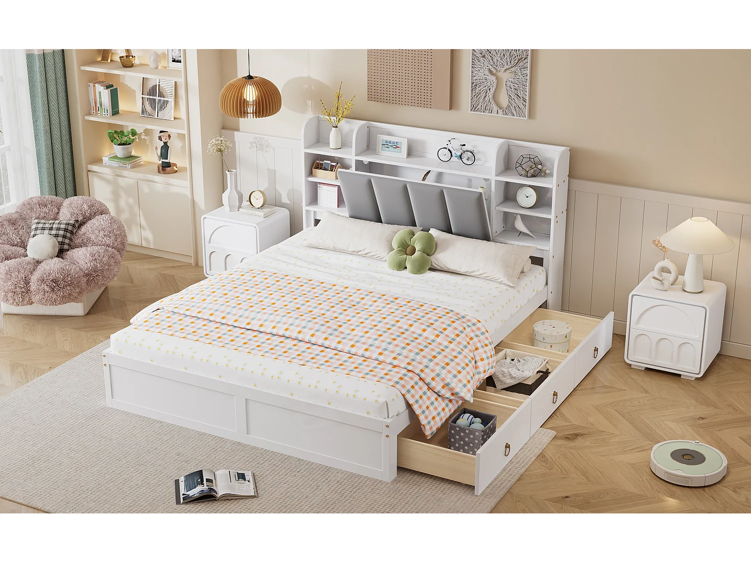 Doppelbett 160 x 200 cm mit 3 Schubladen, Klapptür und Regalen – Kiefer + MDF + Samt – Weiß + Grau (Ohne Matratze)