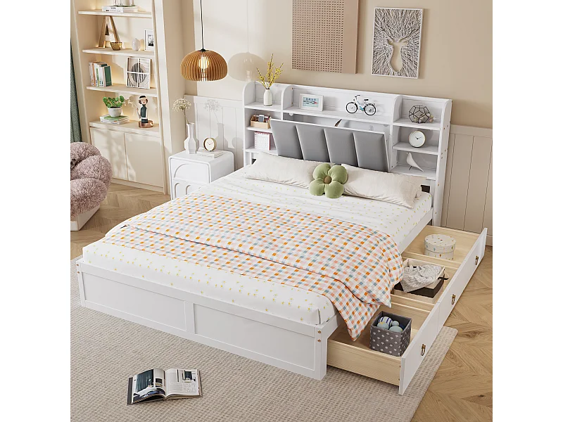 Letto matrimoniale 160 x 200 cm con 3 cassetti, anta a ribalta e ripiani - Pino + MDF + velluto - Bianco + grigio (Senza materasso)