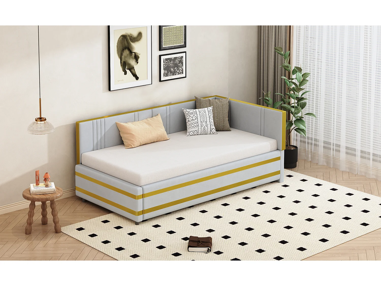 Letto imbottito 90 x 200 cm con testiera - Velluto - Divano letto - Rete a doghe - Grigio chiaro