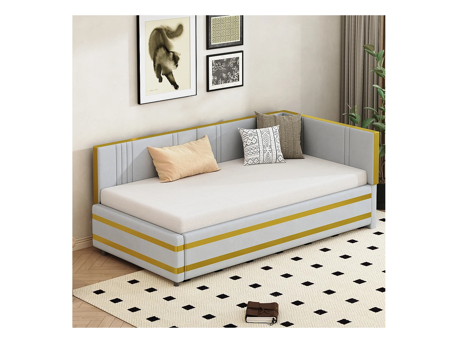 Lit capitonné 90 x 200 cm avec tête de lit - Velours - Canapé-lit - Sommier à lattes - Gris clair