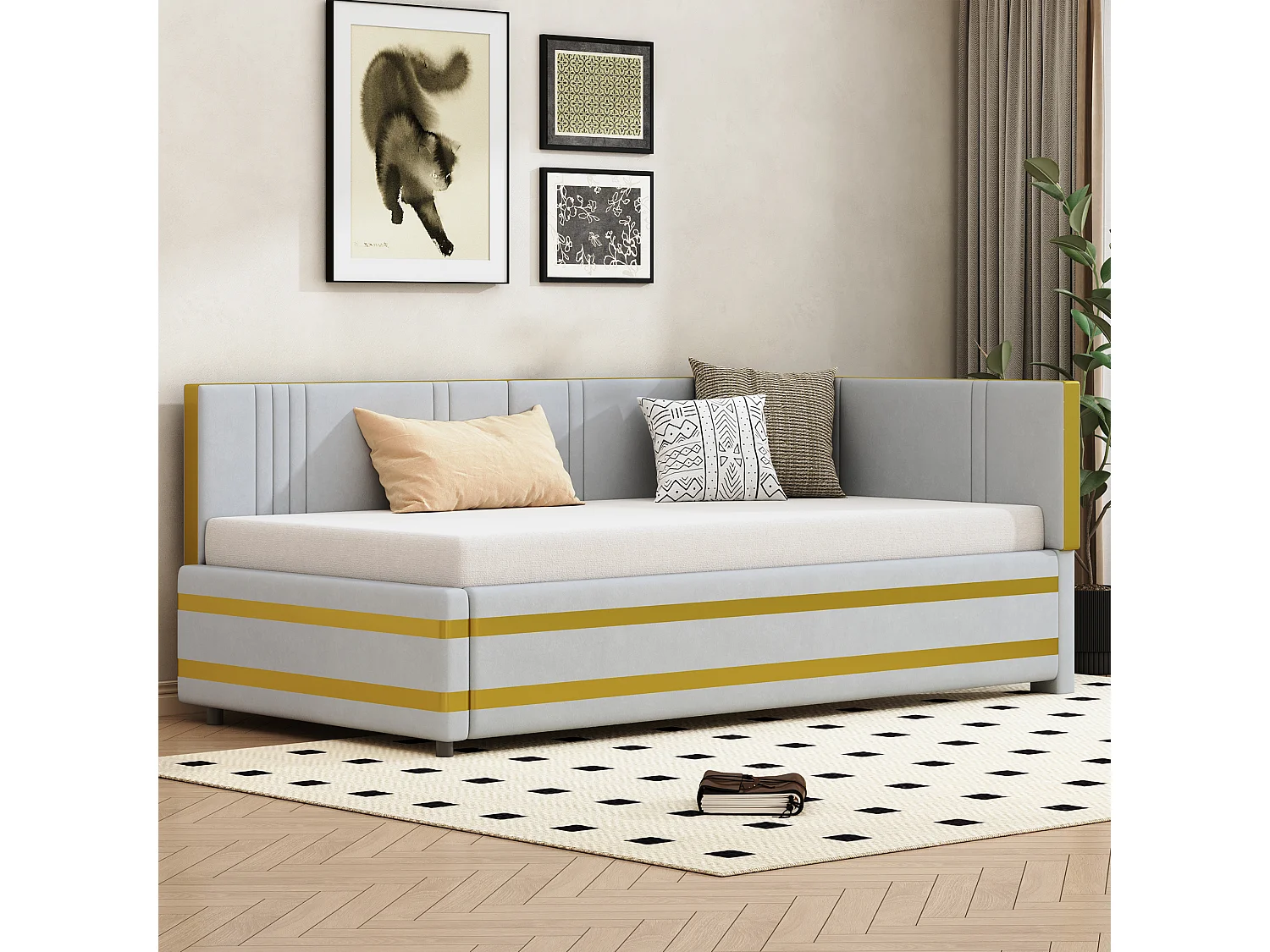 Gestoffeerd bed 90 x 200 cm met hoofdeinde - Fluweel - Slaapbank - Lattenbodem - Lichtgrijs