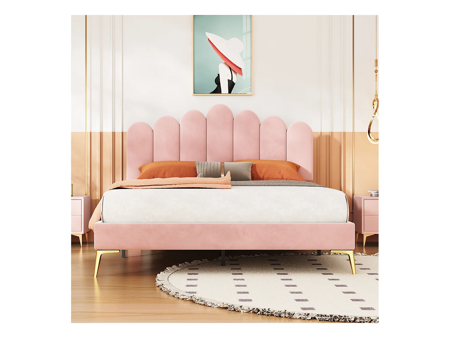 Polsterbett 140 x 200 cm mit Kopfteil – Samt – Metallbeine – Lattenrost – Rosa