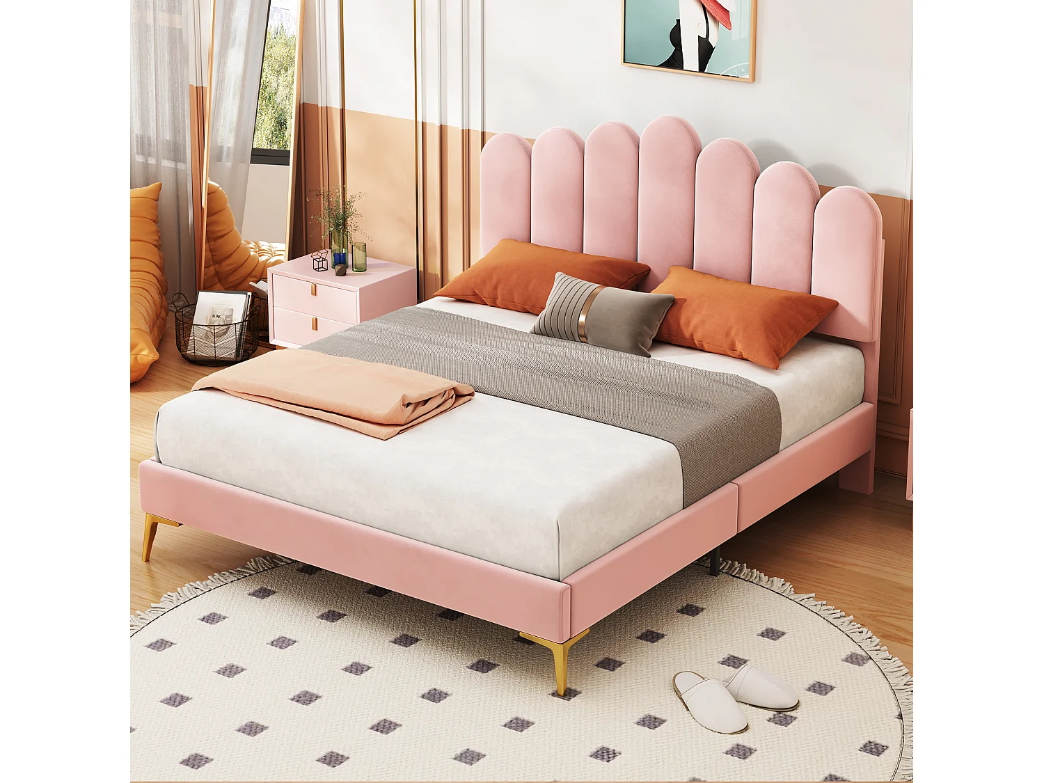 Gestoffeerd bed 140 x 200 cm met hoofdeinde - Fluweel - Metalen poten - Lattenbodem - Roze