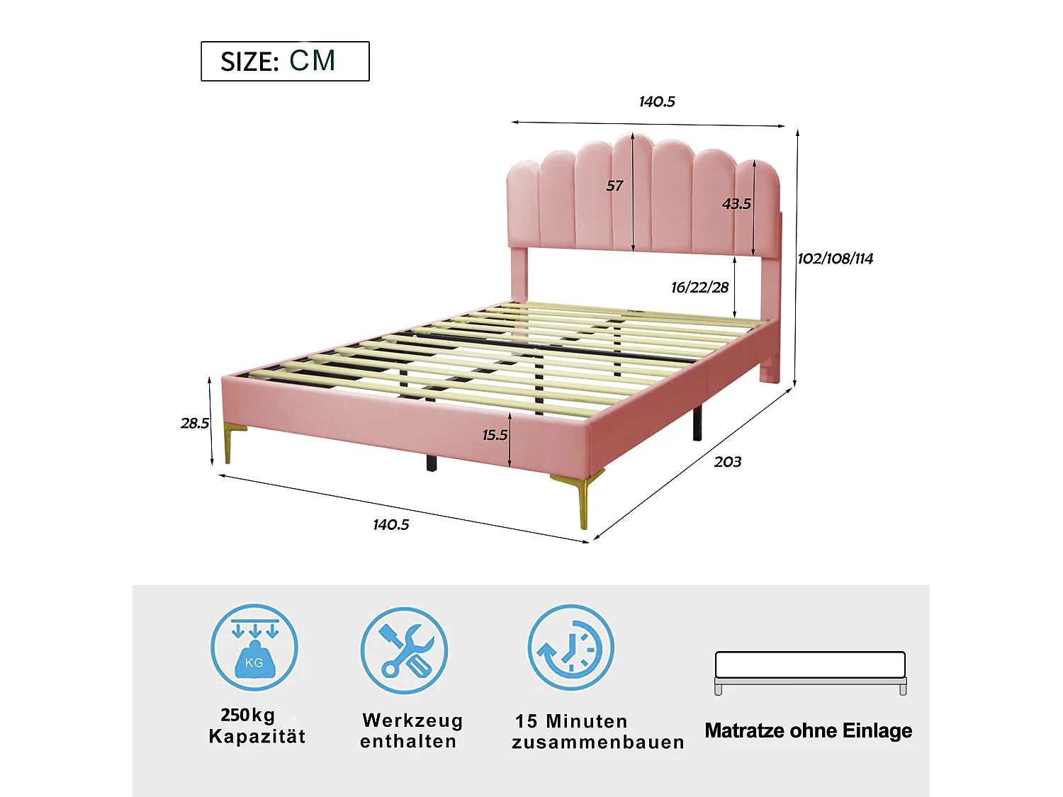 Gestoffeerd bed 140 x 200 cm met hoofdeinde - Fluweel - Metalen poten - Lattenbodem - Roze