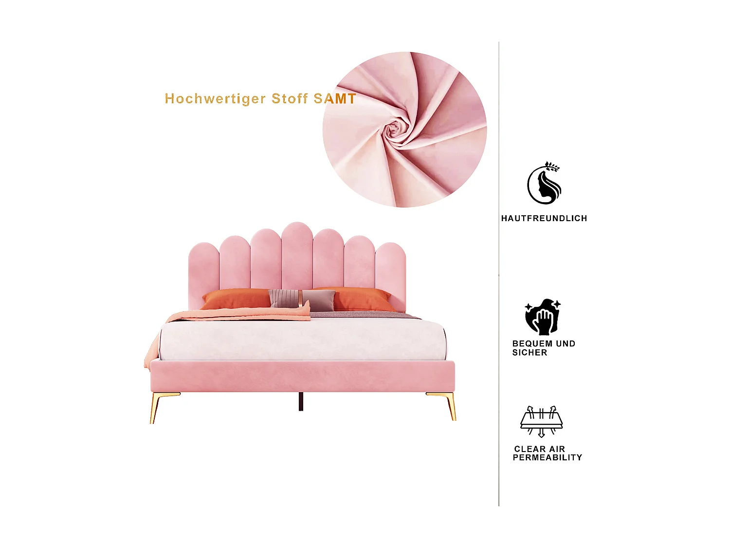 Gestoffeerd bed 140 x 200 cm met hoofdeinde - Fluweel - Metalen poten - Lattenbodem - Roze