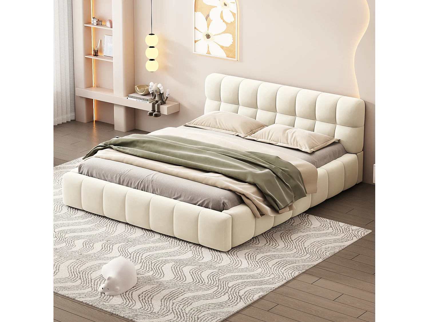 Lit capitonné 140 x 190 cm avec tête de lit moelleux - Tissu en lin - Sommier à lattes - Beige (Sans matelas)