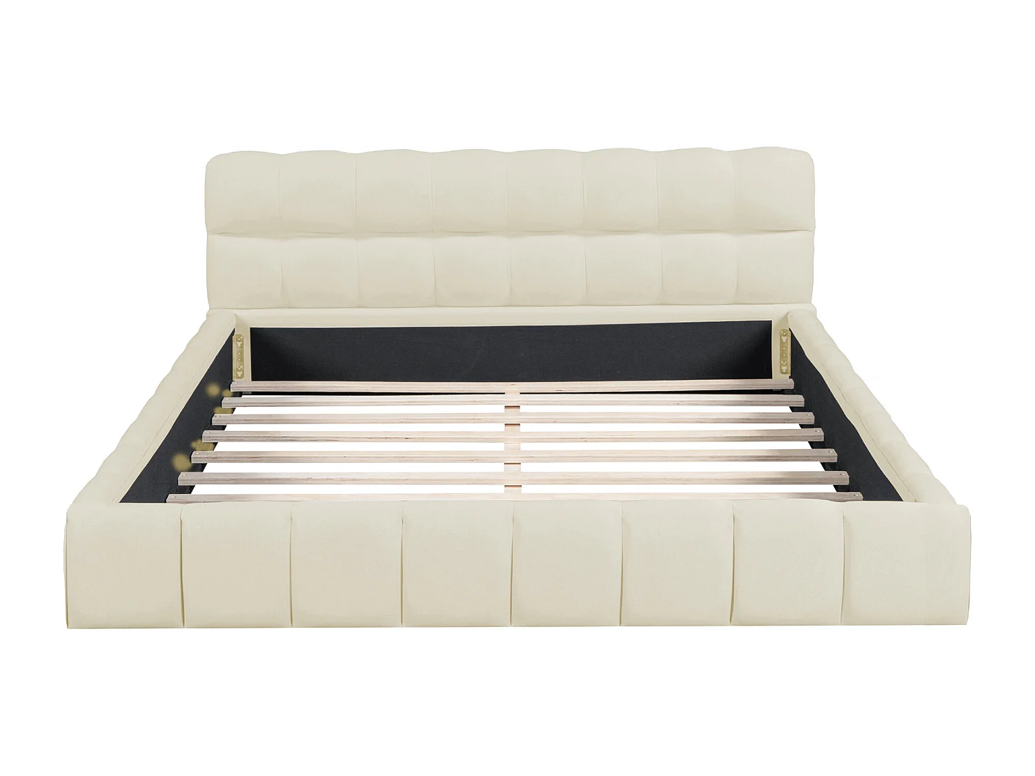Lit capitonné 140 x 190 cm avec tête de lit moelleux - Tissu en lin - Sommier à lattes - Beige (Sans matelas)