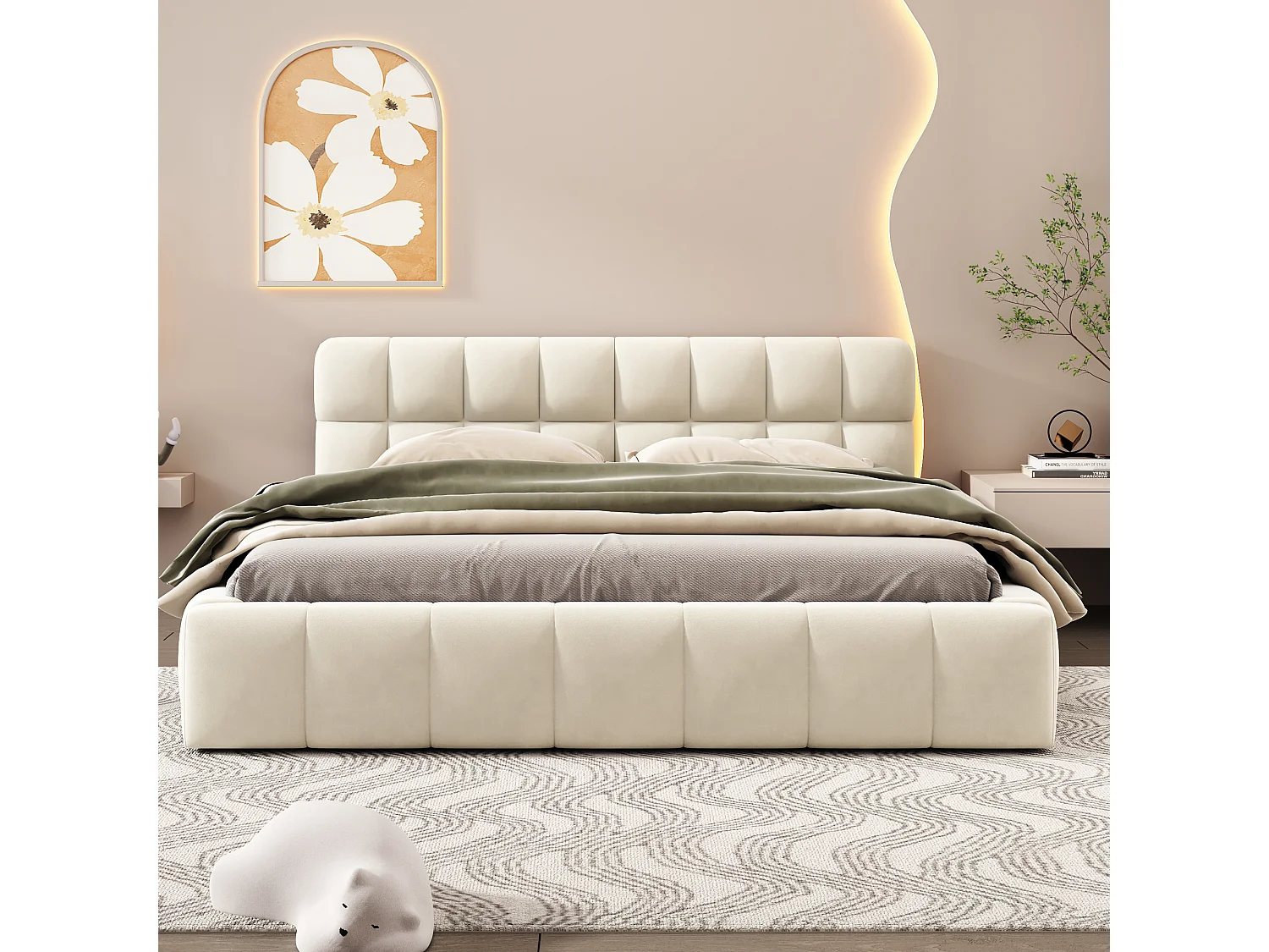Lit capitonné 140 x 190 cm avec tête de lit moelleux - Tissu en lin - Sommier à lattes - Beige (Sans matelas)