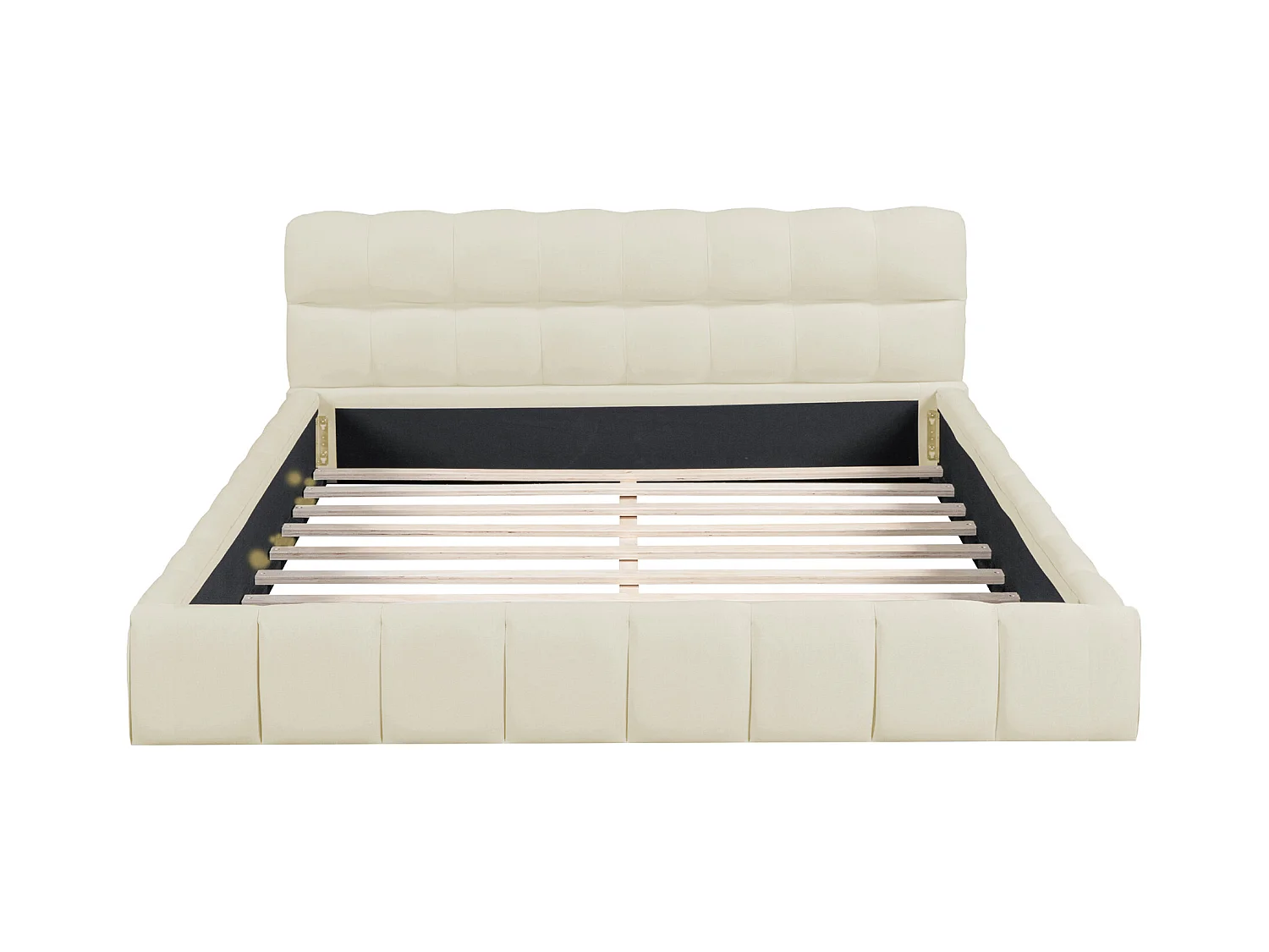 Lit capitonné 140 x 190 cm avec tête de lit moelleux - Tissu en lin - Sommier à lattes - Beige (Sans matelas)