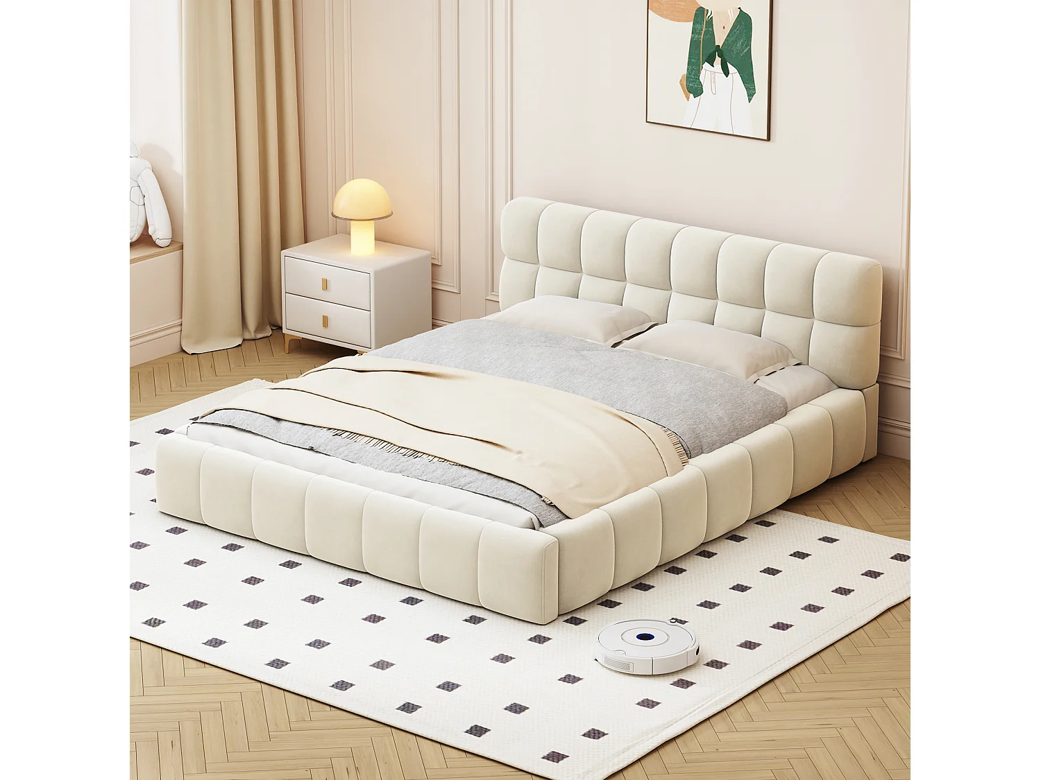 Gestoffeerd bed 140 x 190 cm met zacht hoofdbord - Linnenstof - Lattenbodem - Beige (Zonder matras)