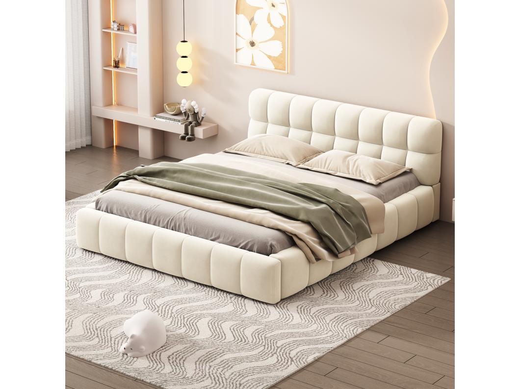 Cama estofada 140 x 190 cm com cabeceira macia - Tecido de linho - Base de ripas - Bege (Sem colchão)