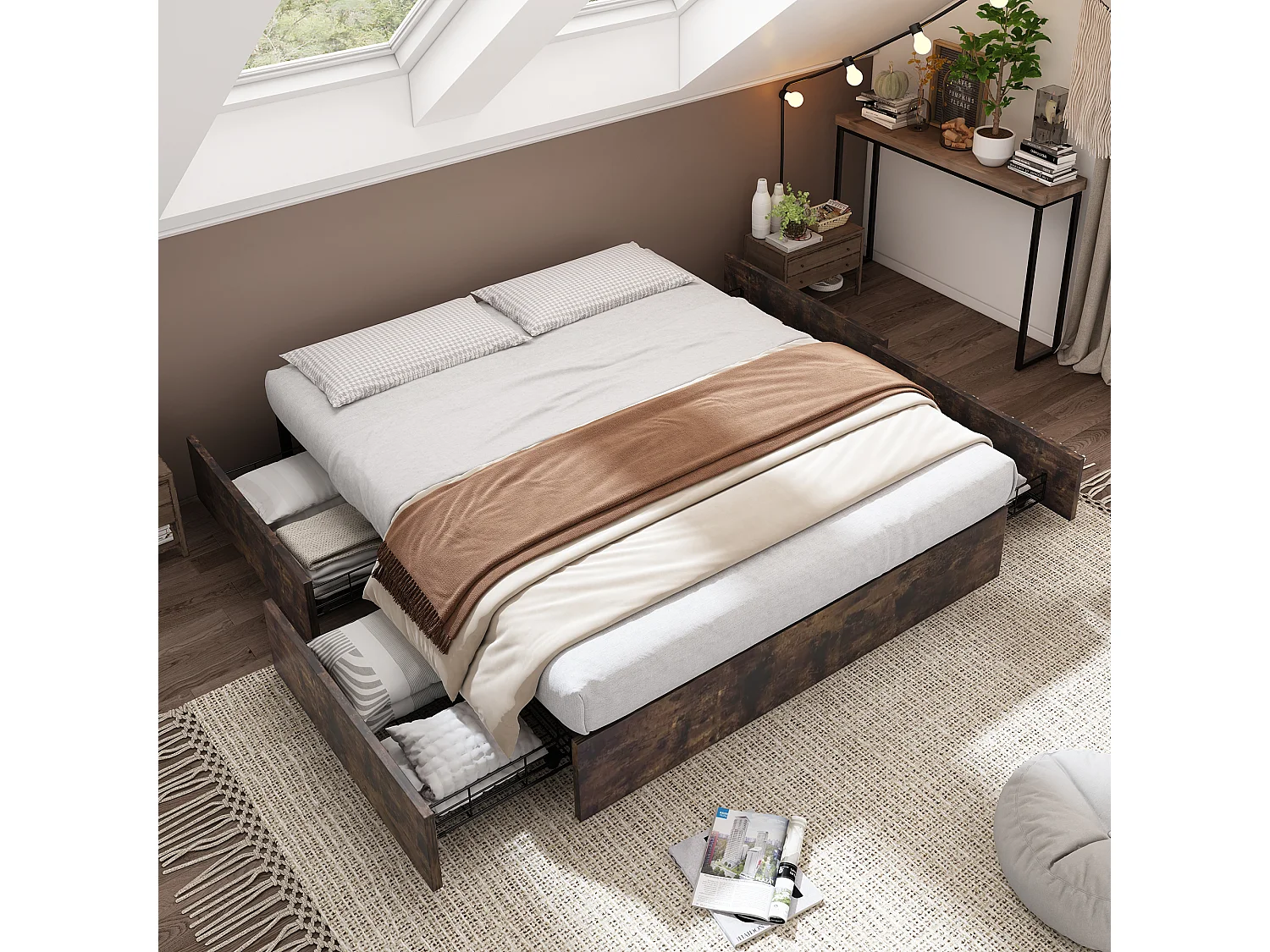 Lit double 140 x 200 cm avec 4 tiroirs - sans tête de lit - Métal et bois - Sommier à lattes inclus - Marron foncé (Sans matelas)