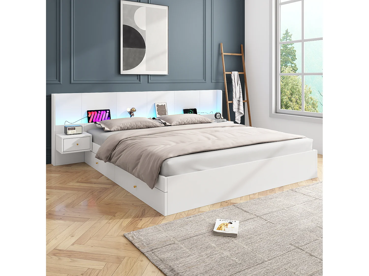 Lit double 180 x 200 cm avec 2 tables de chevet et 2 tiroirs - Prises USB et LEDs - MDF - Coloris Blanc (Sans matelas)