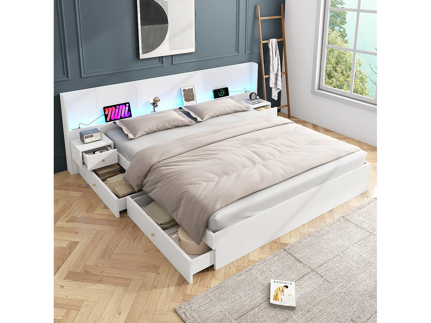 Lit double 180 x 200 cm avec 2 tables de chevet et 2 tiroirs - Prises USB et LEDs - MDF - Coloris Blanc (Sans matelas)