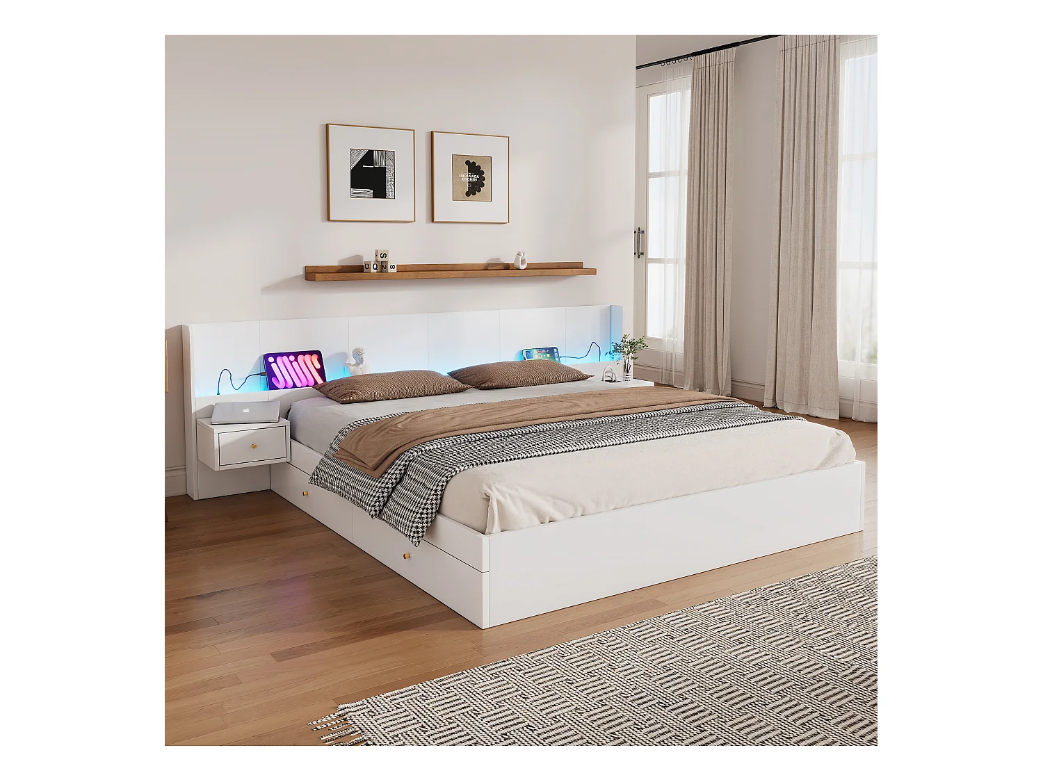 Doppelbett 180 x 200 cm mit 2 Nachttischen und 2 Schubladen – USB- und LED-Anschlüsse – MDF – Farbe Weiß (ohne Matratze)