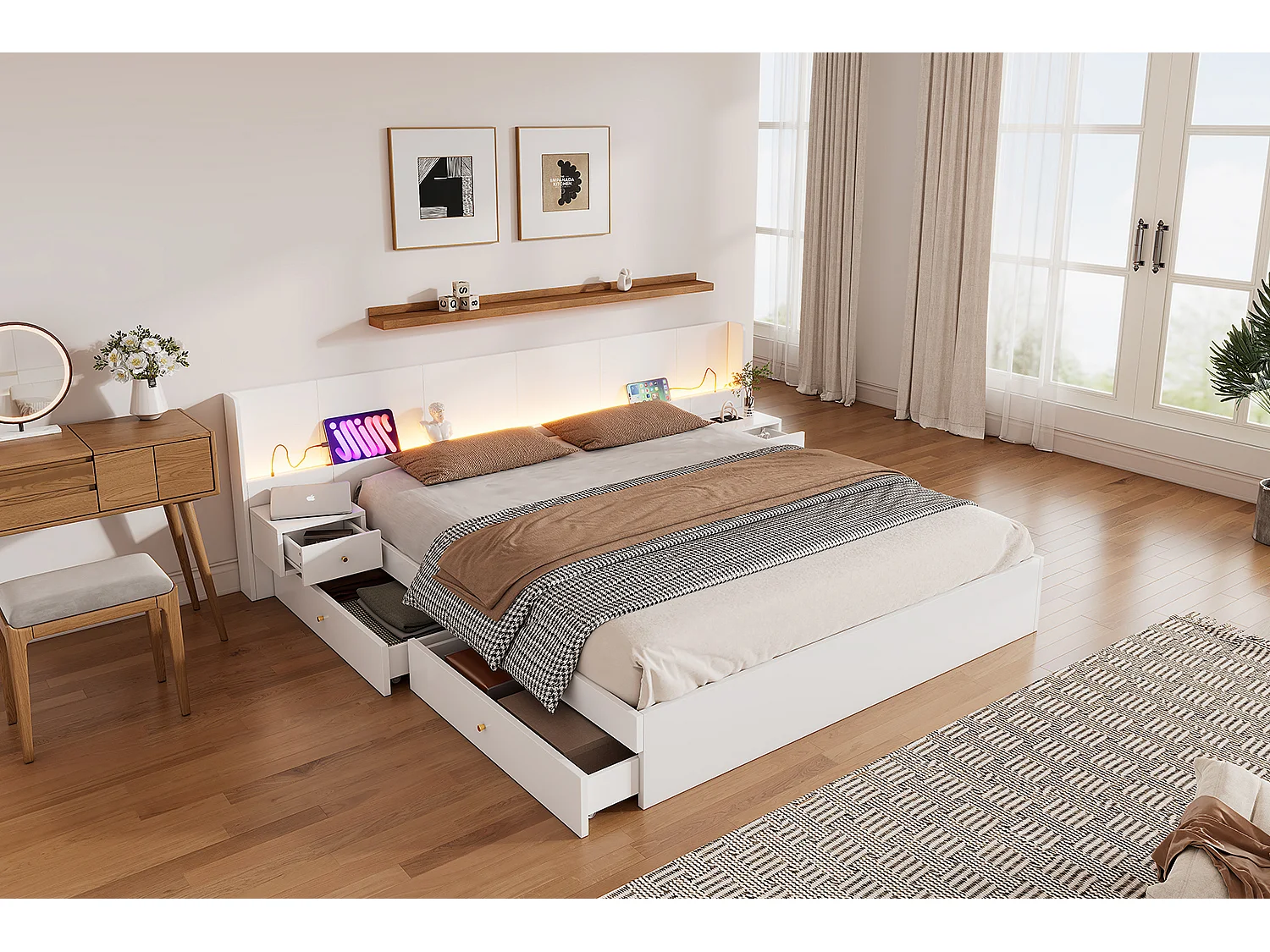 Doppelbett 180 x 200 cm mit 2 Nachttischen und 2 Schubladen – USB- und LED-Anschlüsse – MDF – Farbe Weiß (ohne Matratze)