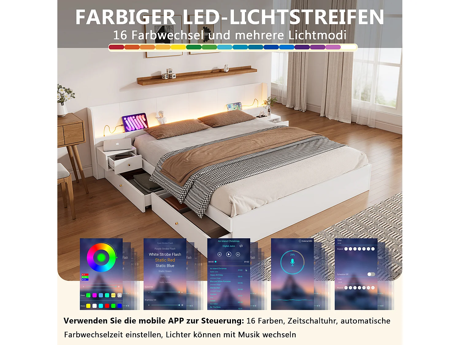 Doppelbett 180 x 200 cm mit 2 Nachttischen und 2 Schubladen – USB- und LED-Anschlüsse – MDF – Farbe Weiß (ohne Matratze)