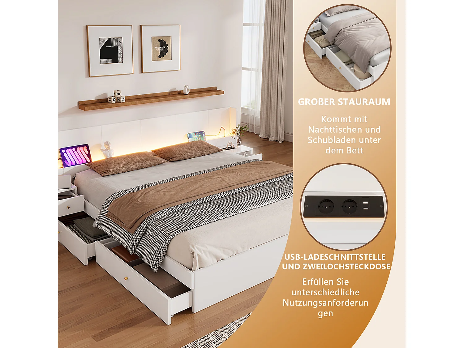 Doppelbett 180 x 200 cm mit 2 Nachttischen und 2 Schubladen – USB- und LED-Anschlüsse – MDF – Farbe Weiß (ohne Matratze)