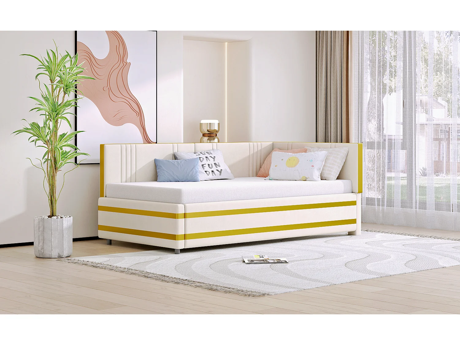 Gestoffeerd bed 90 x 200 cm met hoofdeinde - Fluweel - Slaapbank - Lattenbodem - Beige