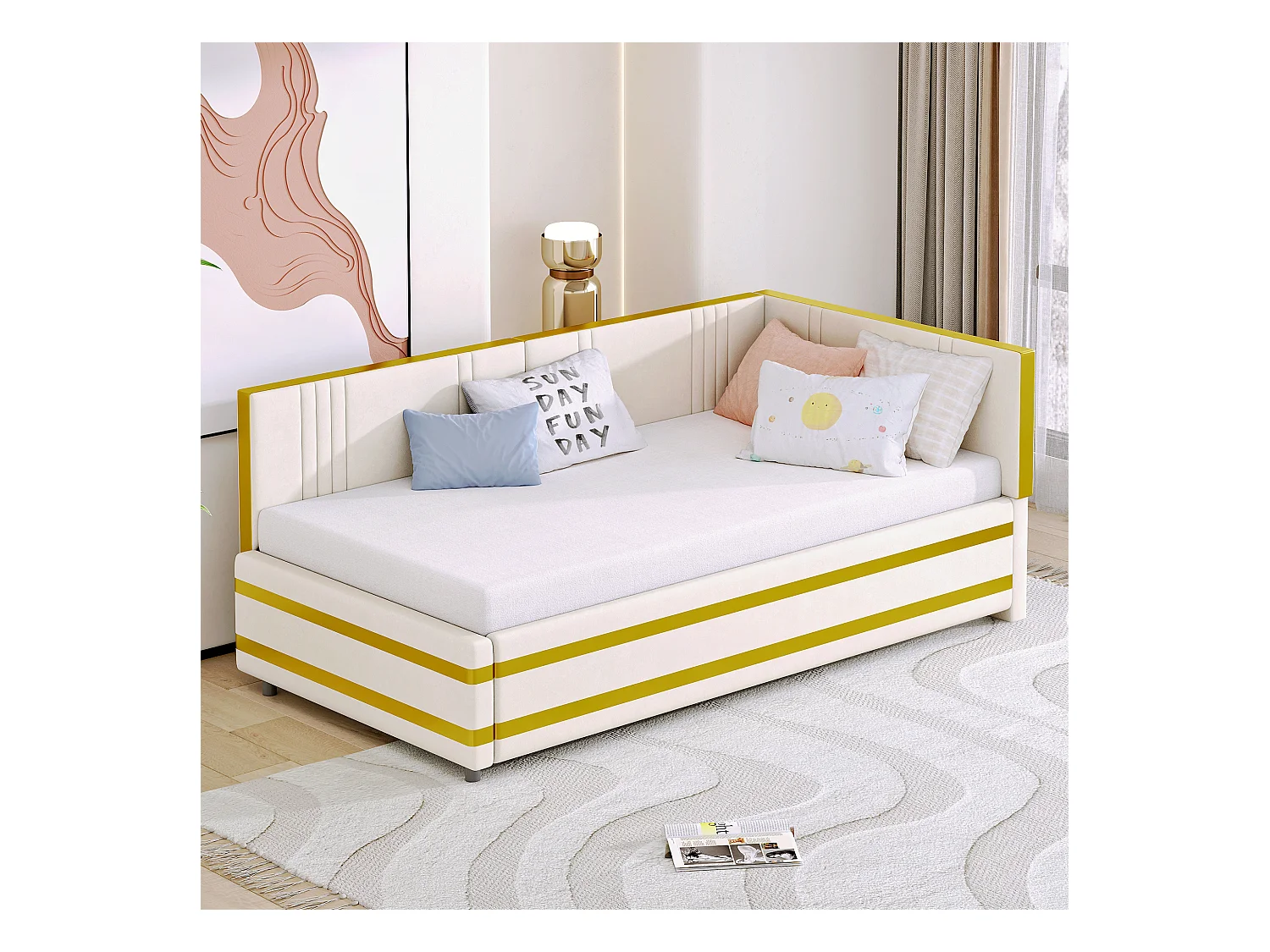 Lit capitonné 90 x 200 cm avec tête de lit - Velours - Canapé-lit - Sommier à lattes - Beige
