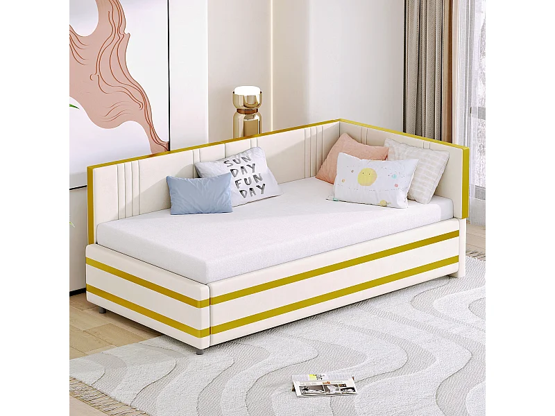 Łóżko tapicerowane 90 x 200 cm z wezgłowiem - Aksamit - Sofa rozkładana - Stelaż listwowy - Beżowy