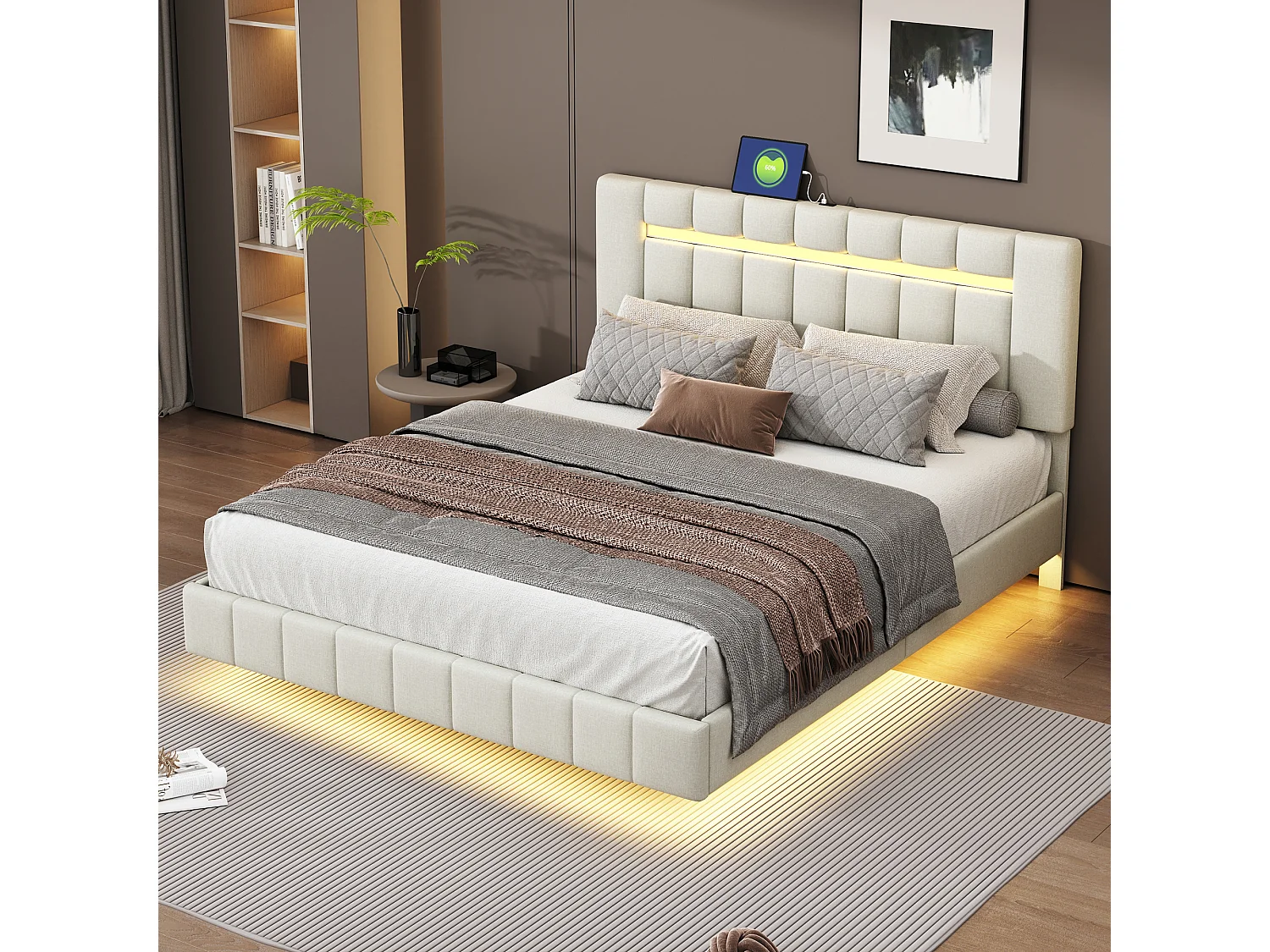 Lit capitonné flottant 160 x 200 cm avec tête de lit - Tissu en lin - LEDs - Beige (Sans matelas)