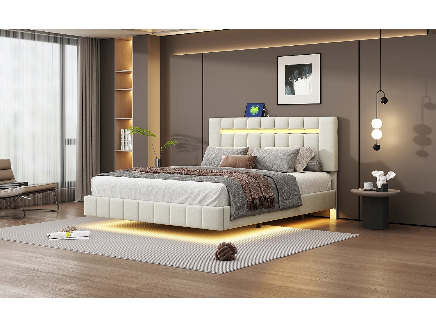 Lit capitonné flottant 160 x 200 cm avec tête de lit - Tissu en lin - LEDs - Beige (Sans matelas)
