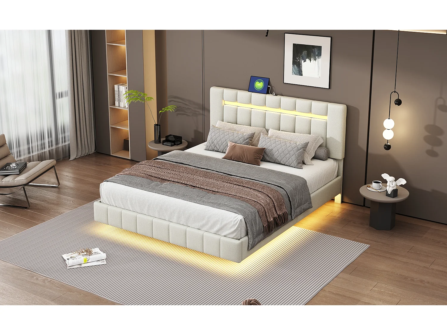 Lit capitonné flottant 160 x 200 cm avec tête de lit - Tissu en lin - LEDs - Beige (Sans matelas)