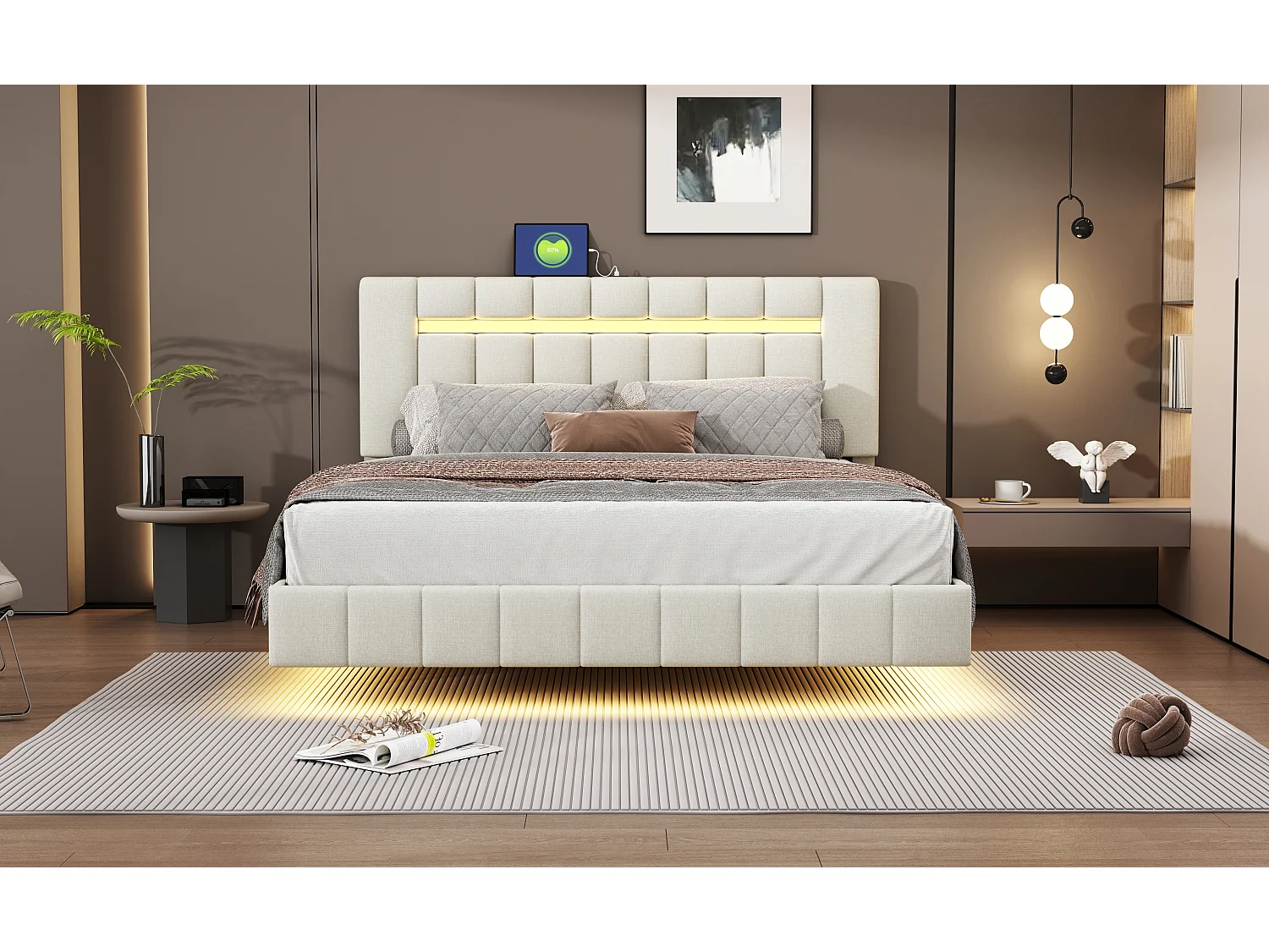 Lit capitonné flottant 160 x 200 cm avec tête de lit - Tissu en lin - LEDs - Beige (Sans matelas)