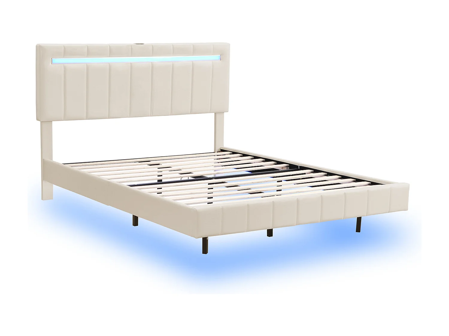 Lit capitonné flottant 160 x 200 cm avec tête de lit - Tissu en lin - LEDs - Beige (Sans matelas)