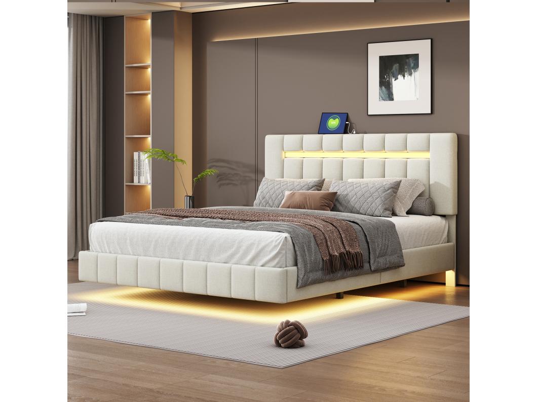 Cama flutuante acolchoada 160 x 200 cm com cabeceira - Tecido de linho - LEDs - Bege (Sem colchão)
