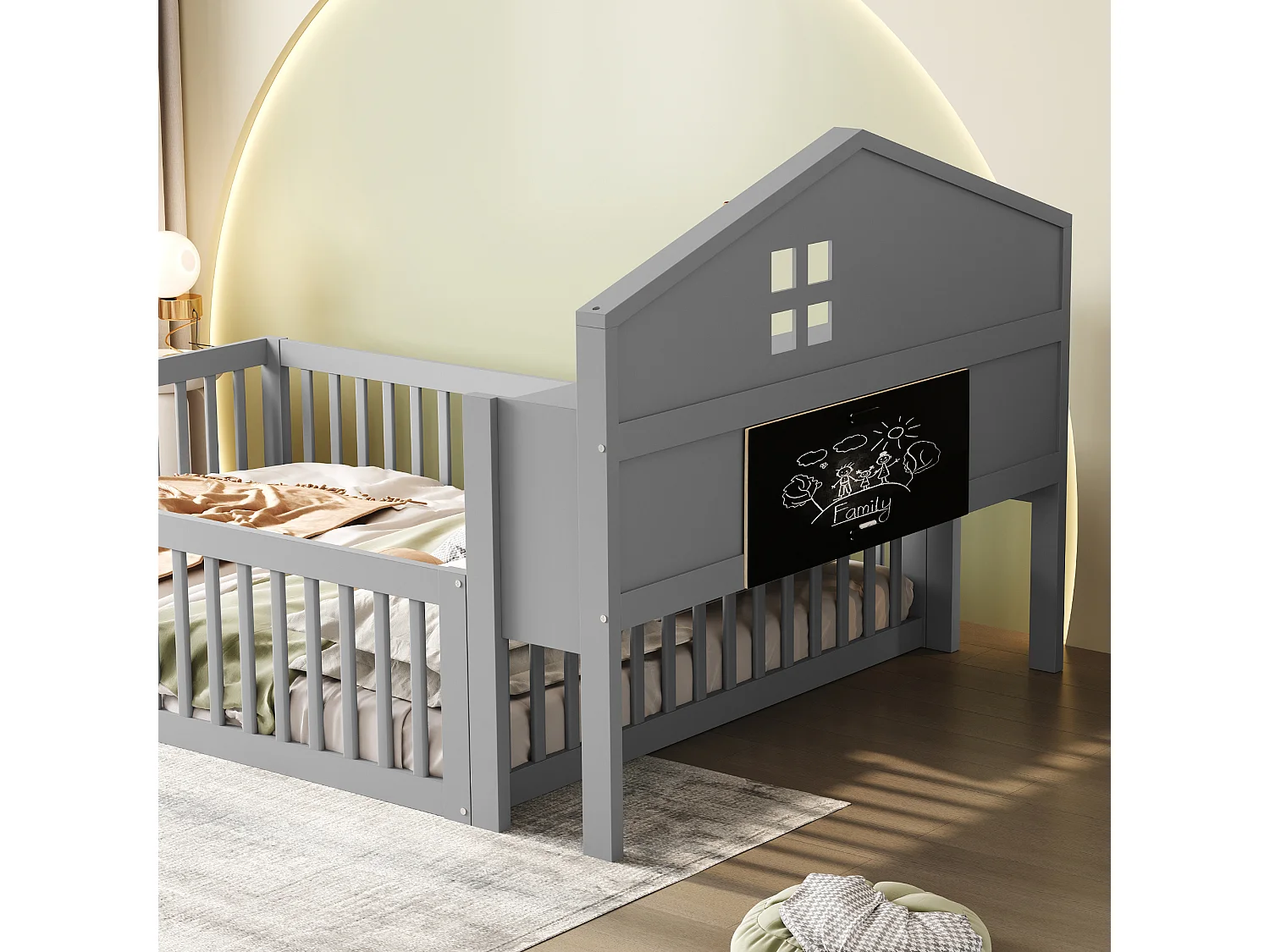 Lit enfant 140 x 200 avec grille de protection et porte - Bois massif - Étagères et rangements - Gris