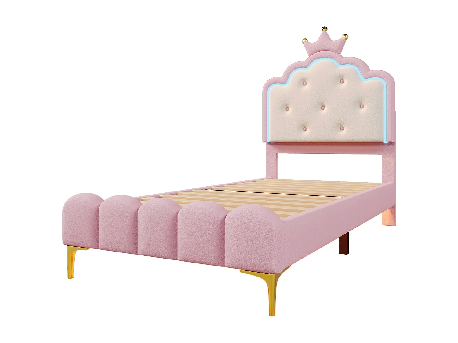 Lit capitonné 90 x 200 cm avec tête de lit en couronne - Cuir PU - LEDs - Sommier à lattes - Rose (Sans matelas)