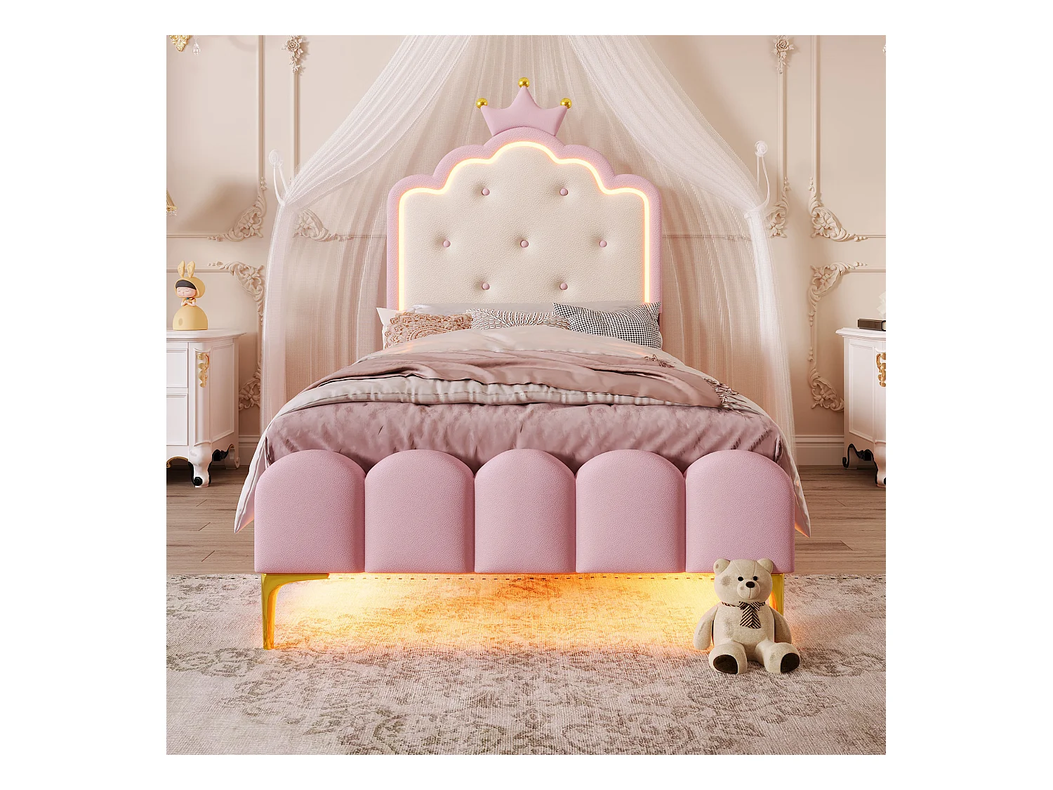 Letto imbottito 90 x 200 cm con testiera a corona - Pelle PU - LED - Rete a doghe - Rosa (Senza materasso)