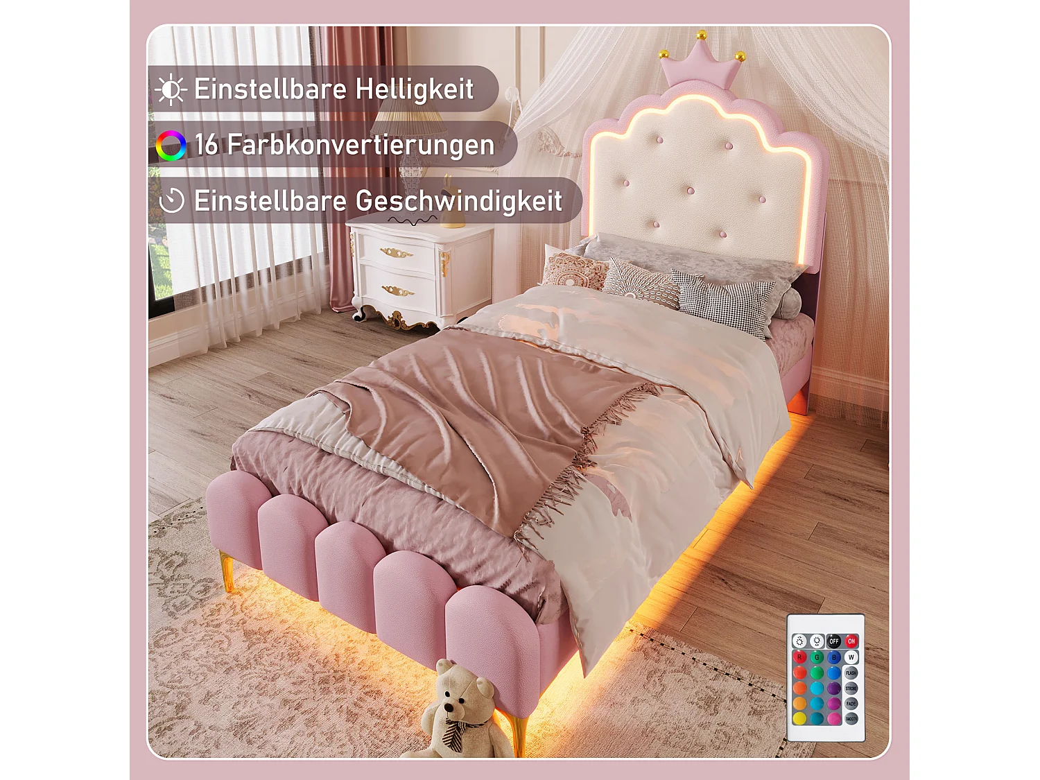 Polsterbett 90 x 200 cm mit Kronenkopfteil – PU-Leder – LEDs – Lattenrost – Rosa (Ohne Matratze)