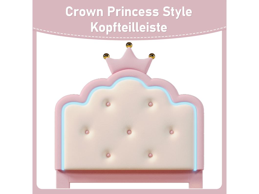 Gestoffeerd bed 90 x 200 cm met kroonhoofdeinde - PU leer - LED's - Lattenbodem - Roze (Zonder matras)