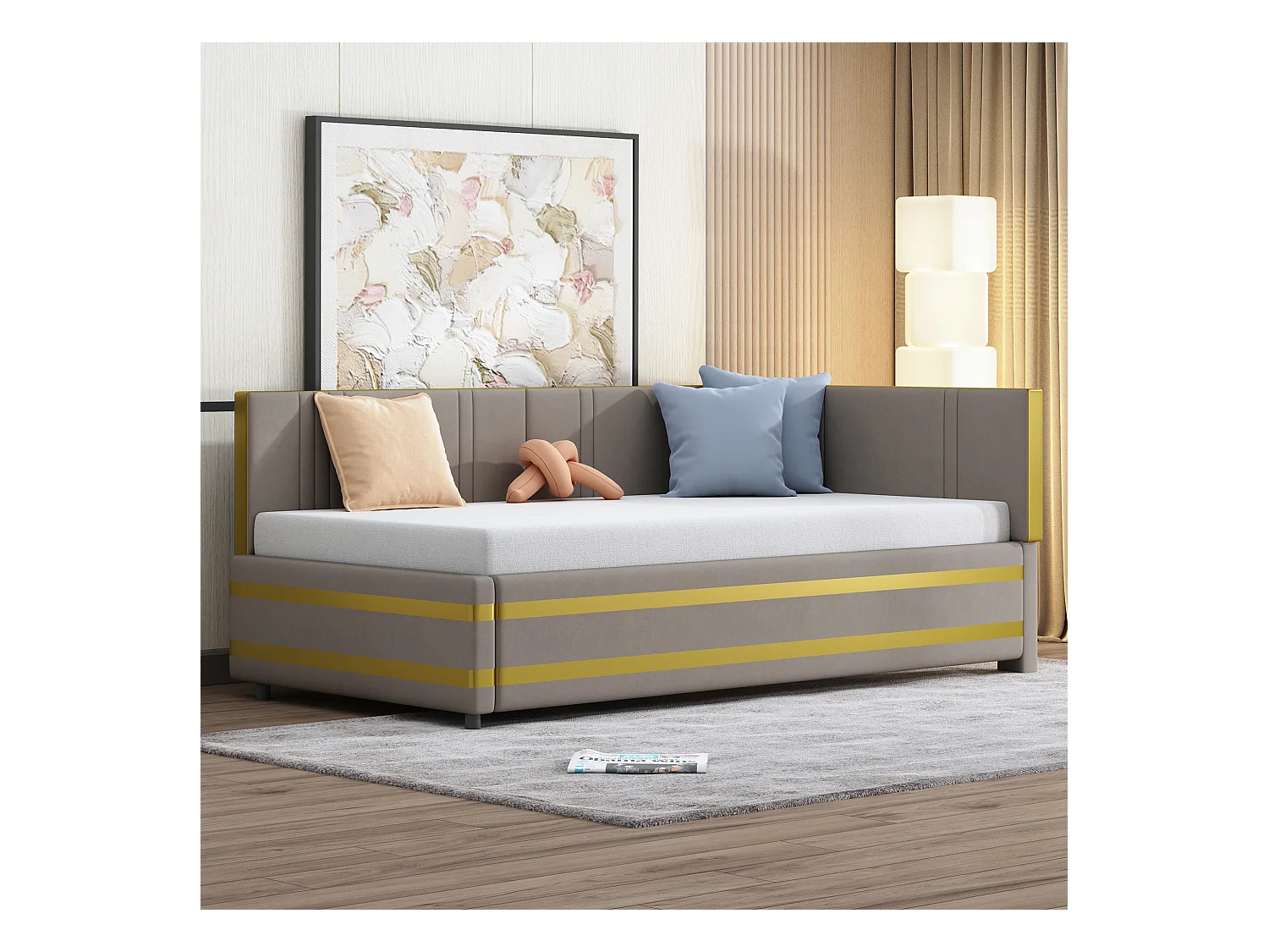 Lit capitonné 90 x 200 cm avec tête de lit - Velours - Canapé-lit - Sommier à lattes - Gris