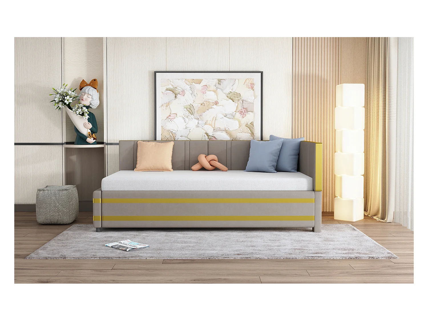 Lit capitonné 90 x 200 cm avec tête de lit - Velours - Canapé-lit - Sommier à lattes - Gris
