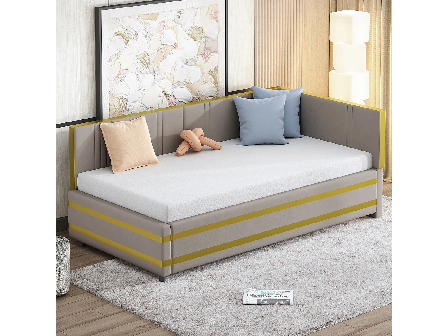 Lit capitonné 90 x 200 cm avec tête de lit - Velours - Canapé-lit - Sommier à lattes - Gris