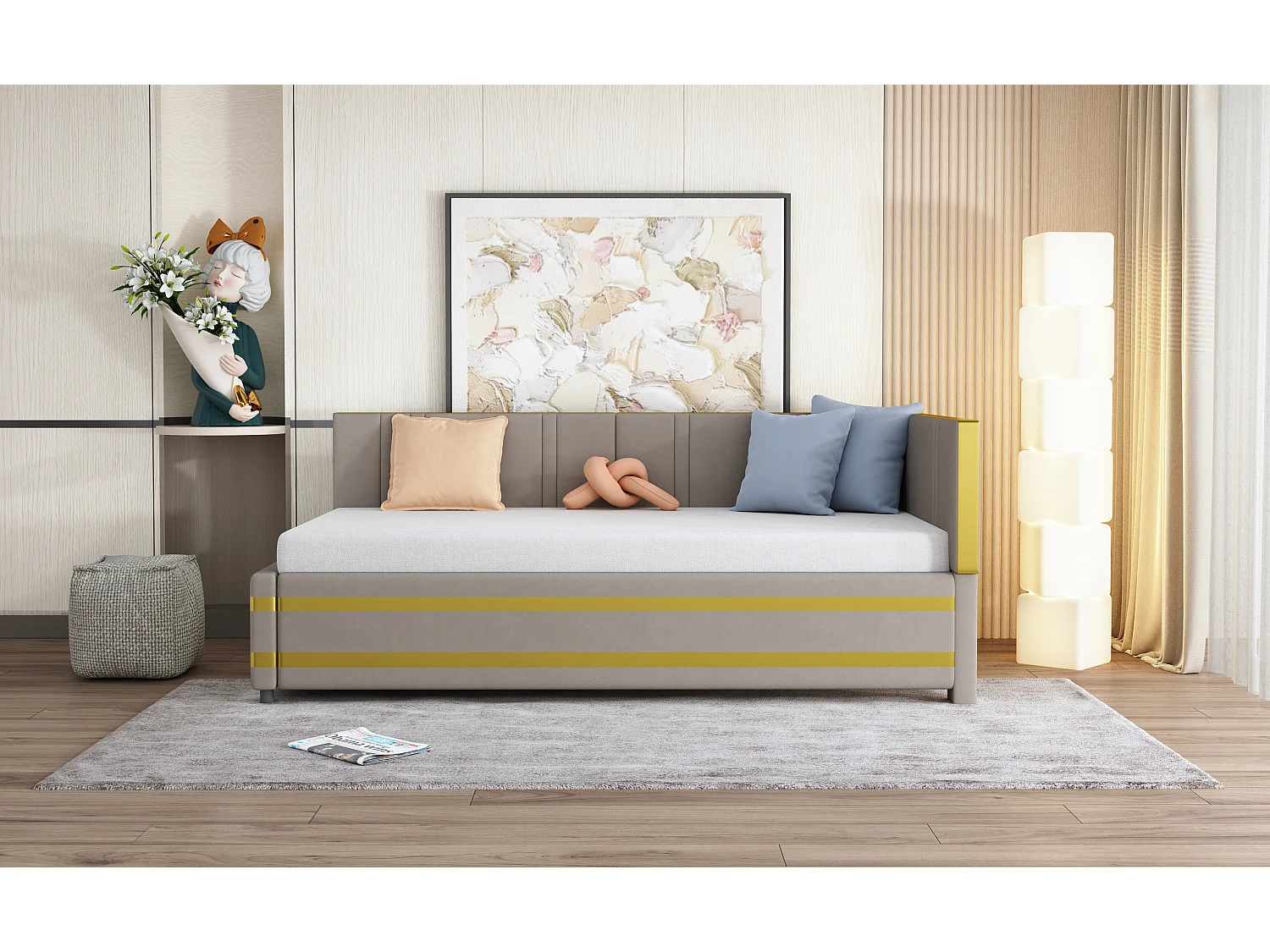 Lit capitonné 90 x 200 cm avec tête de lit - Velours - Canapé-lit - Sommier à lattes - Gris