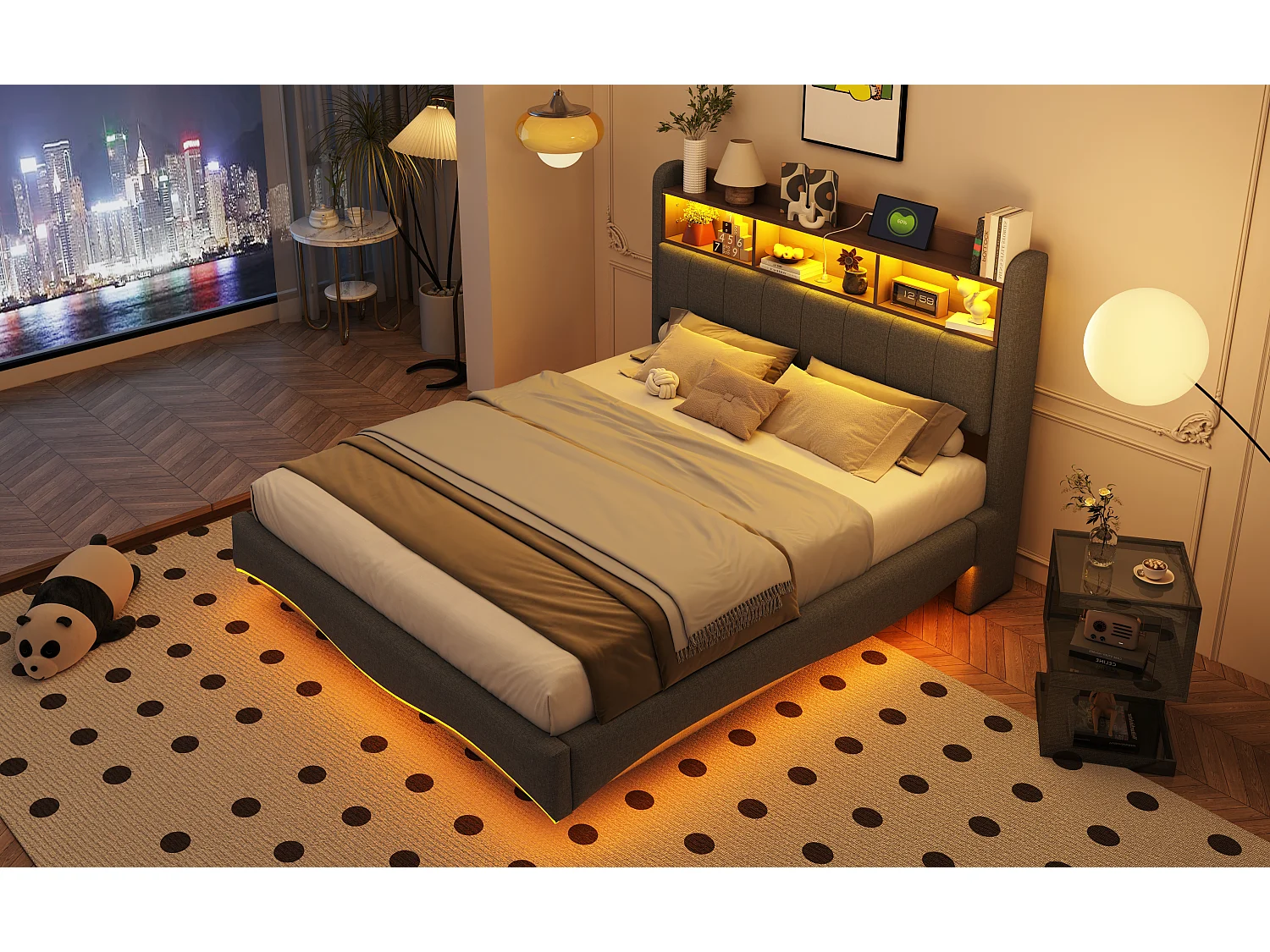 Gestoffeerd bed 140 x 200 cm met hoofdeinde - LED's, USB en TYPE-C - Linnenstof - Lattenbodem - Grijs